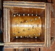 The inside of a traditional scratter - the toothed cam is for pulping apples for cider. This scratter can be made from our simple plans  @ www.jamesandtracy.co.uk